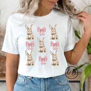 NEW Pretty Spring Easter Sunday Bunny and Pink Bows Graphic T-shirt Tops, Gifts
